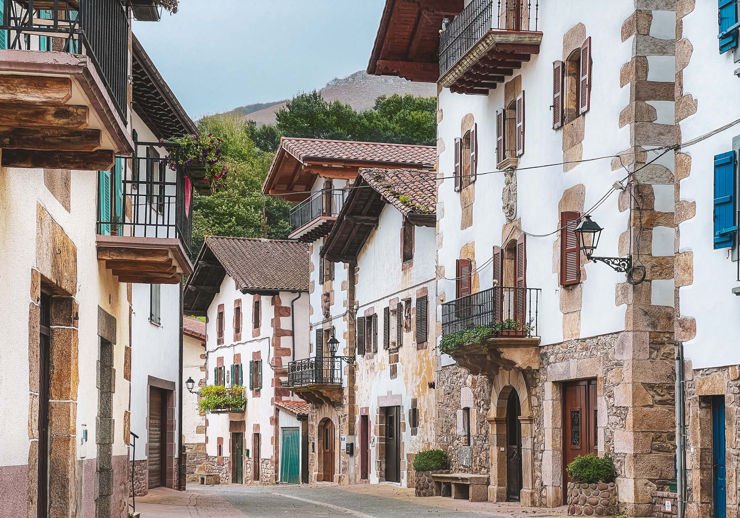 Calle de un pueblo con casas típicas del Baztan