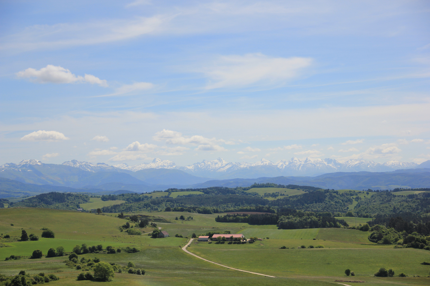vista de prados con los Pirineos la fondo