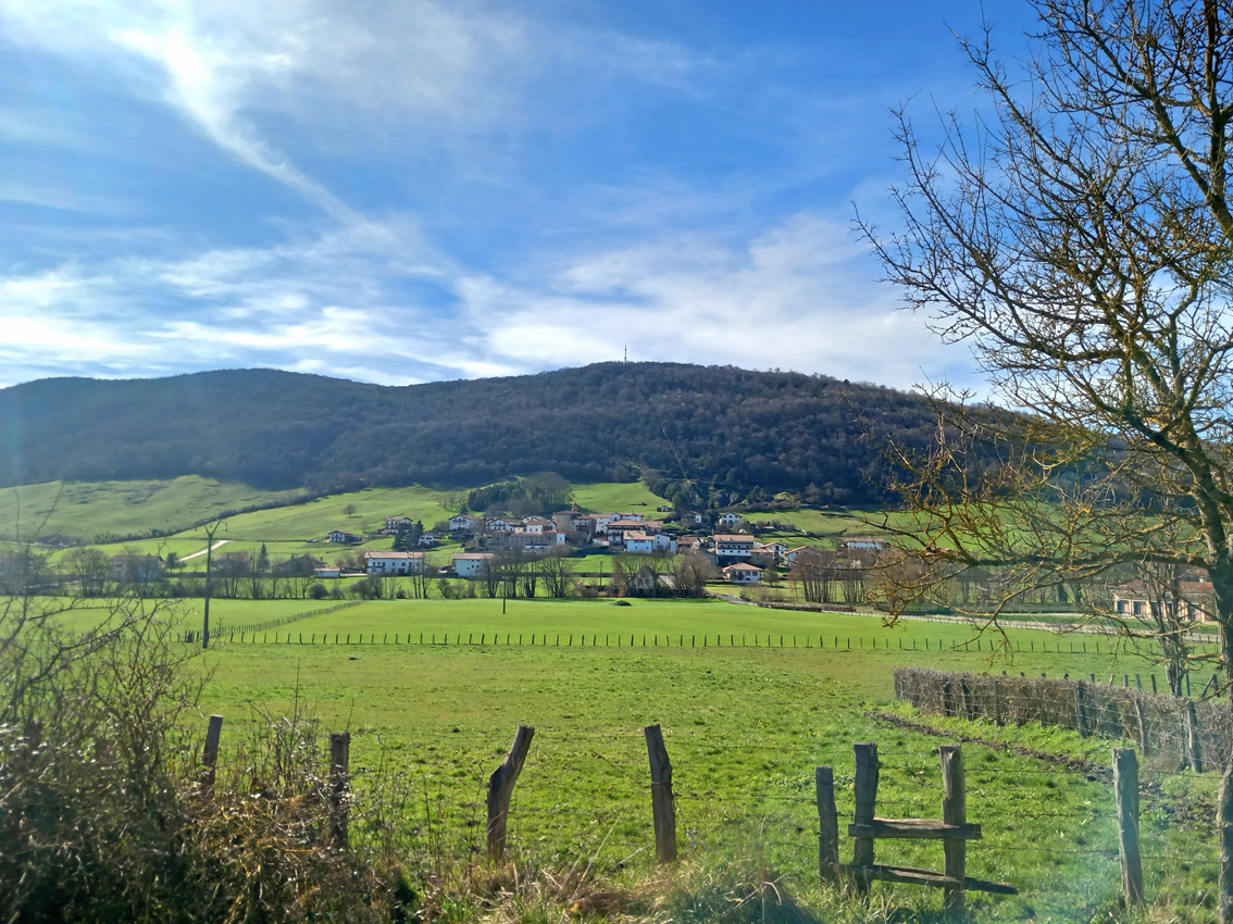 vista de un pueblo de Ultzama rodeado de prados verdes