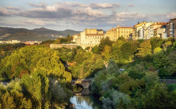 Bridge over the river Arga and in the background the walls and the Archive