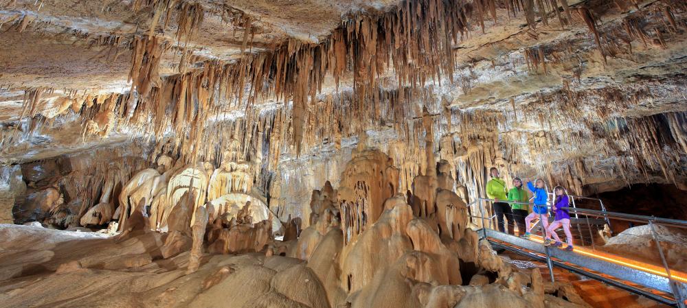 interior de la cueva de Mendukilo con estalactitas y cuatro personas
