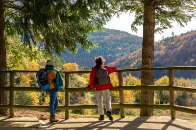 Dos chicas vestidas de montañeras apoyadas en una berja de madera en un bosque