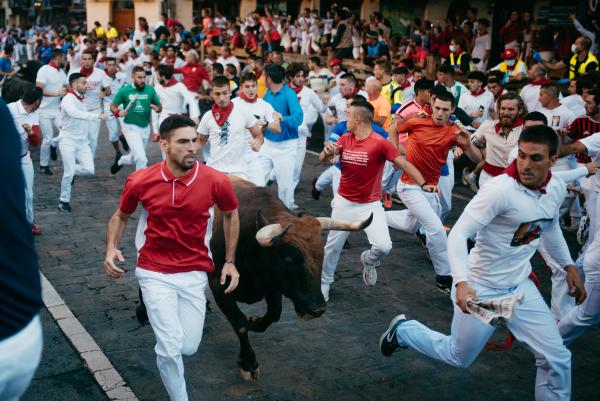 corredores delante de un toro en un encierro de San Fermín