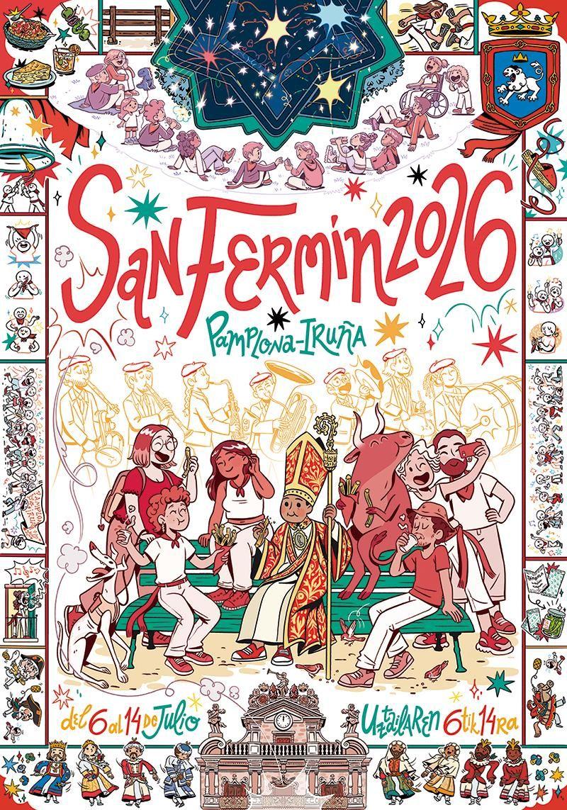 Cartel ganador 2026 con muchos dibujos y San Fermín sentado en un banco con gente y un toro