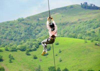 Person on a zip line over green meadows